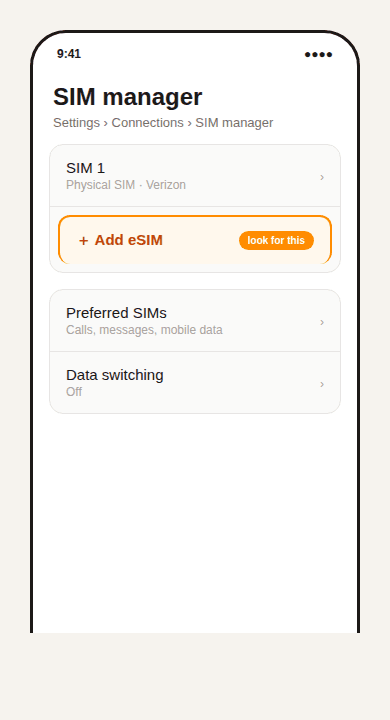 Illustration of Android SIM manager settings with the Add eSIM option highlighted