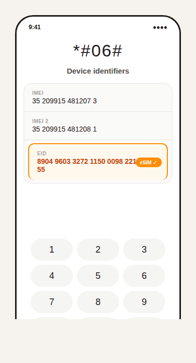 Illustration of a phone dialer showing *#06# with the EID identifier highlighted as eSIM-ready