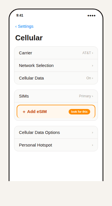 Illustration of iPhone Cellular settings with the Add eSIM option highlighted