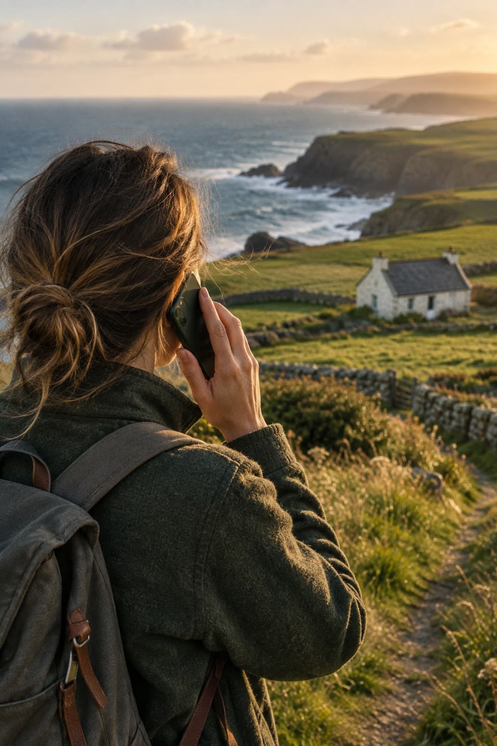 A traveler standing on an Irish coastal cliff path, holding a phone to their ear mid-call