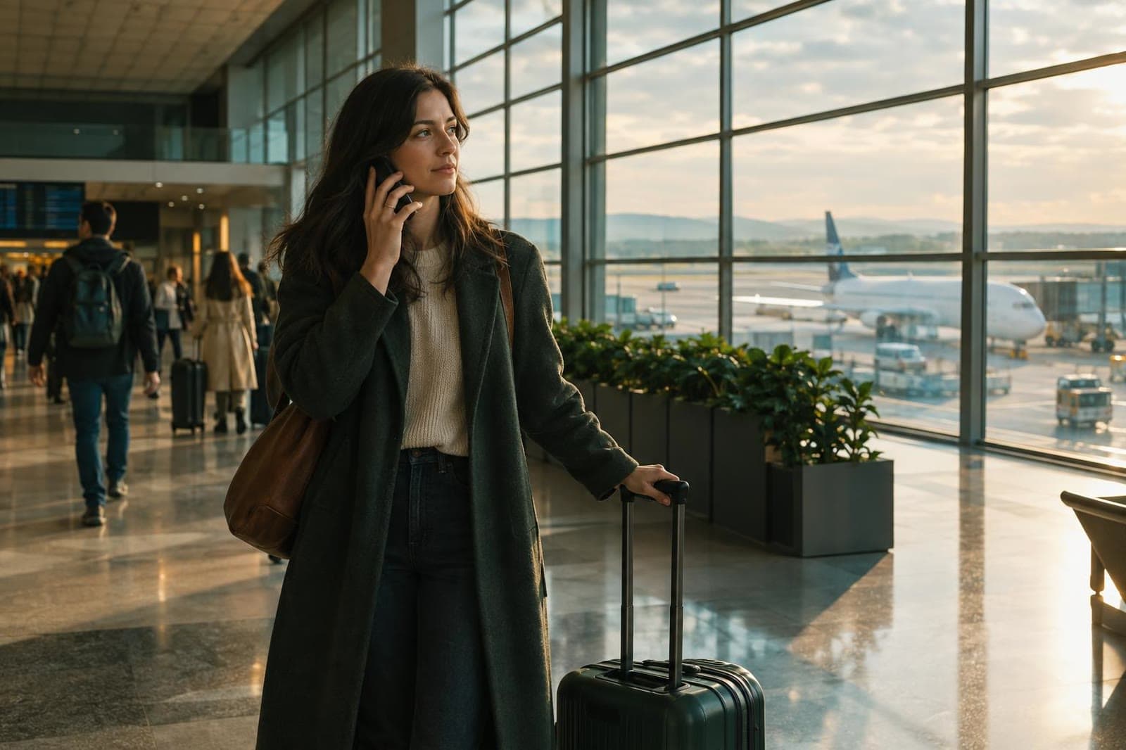 Traveller calling an airline from the arrivals hall
