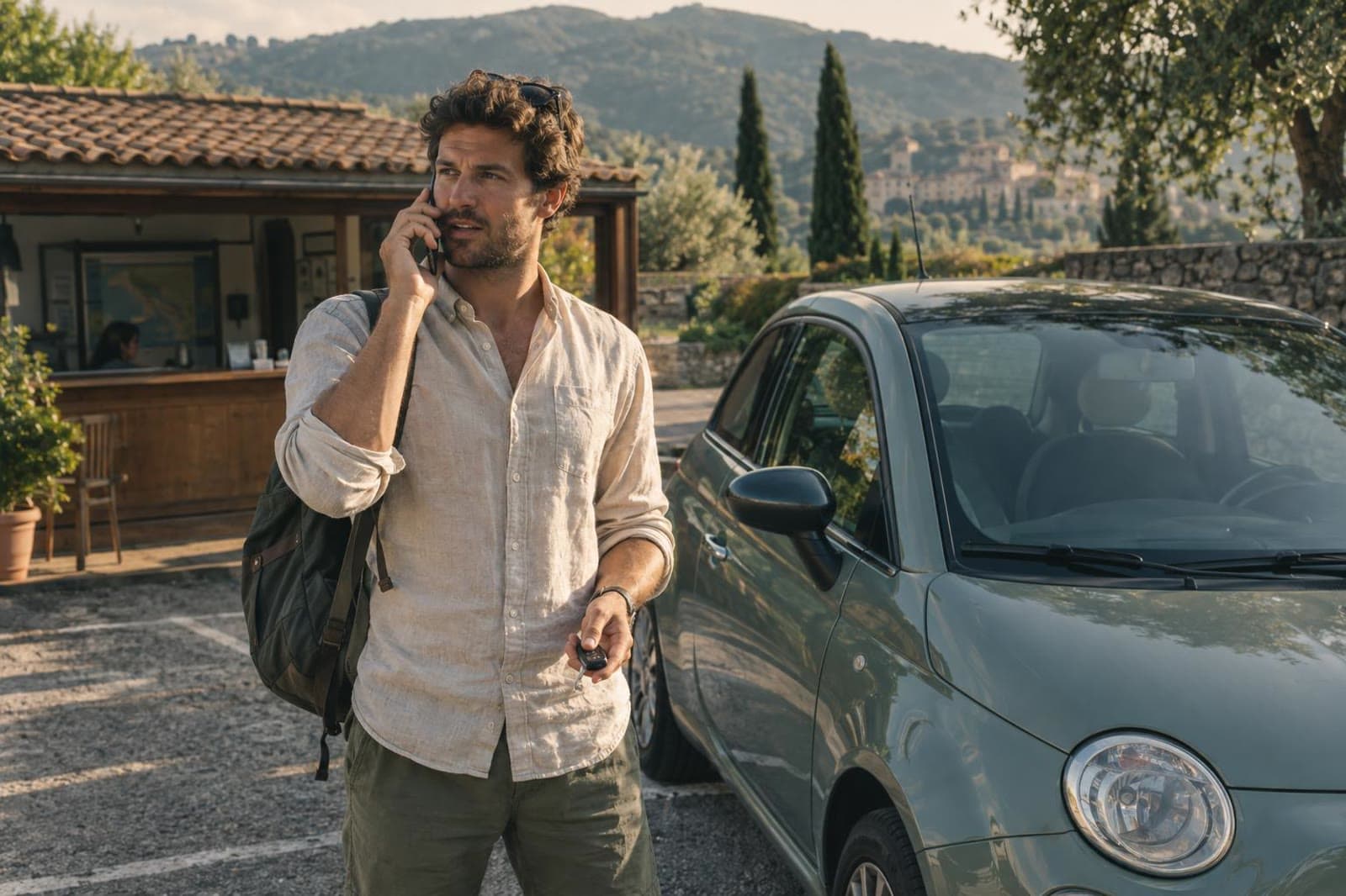 Traveller calling a rental desk beside a hire car