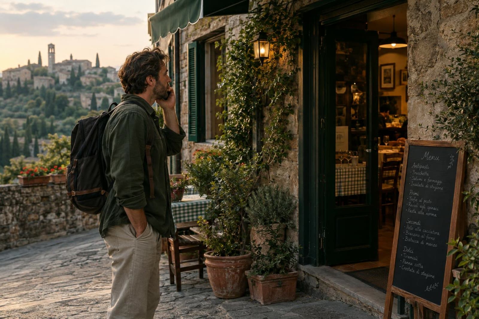 Traveller phoning a small restaurant to book a table