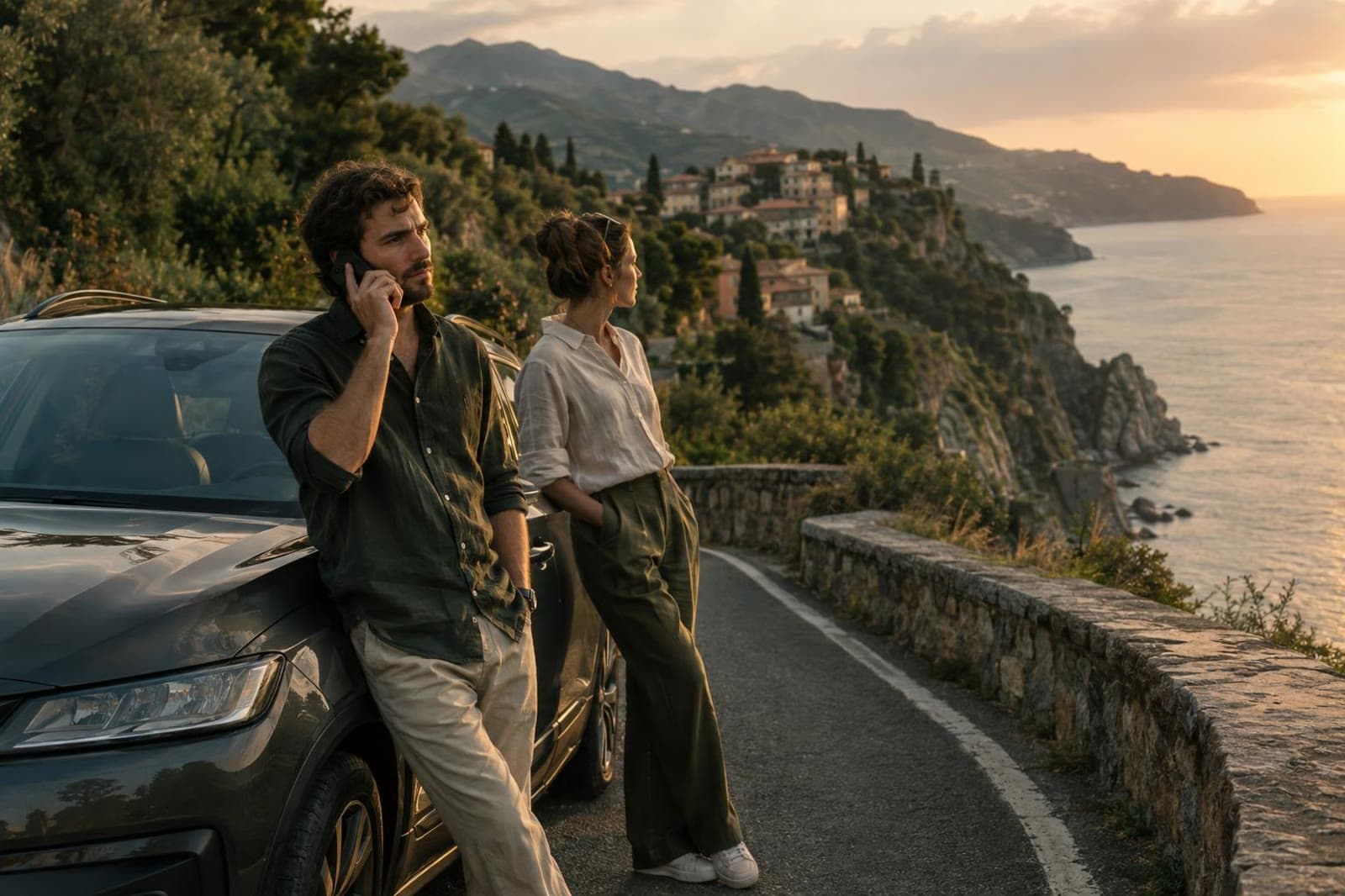 Couple calling roadside assistance beside their car